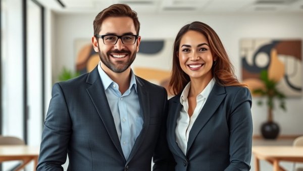 Business professionals smiling in modern office, financial planning theme.