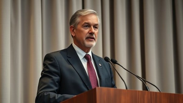 Mature man giving a speech at a podium on private markets investing.