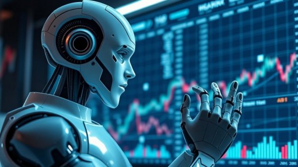 Robo Advisors in Financial Planning: Futuristic robot analyzing stock data.