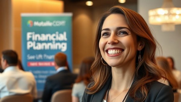 Woman smiling at financial planning conference with branded background.
