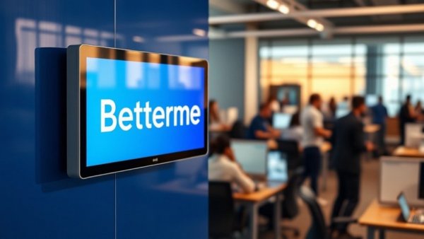 Digital display with 'Betterment' in a busy office, indicating financial planning cybersecurity.