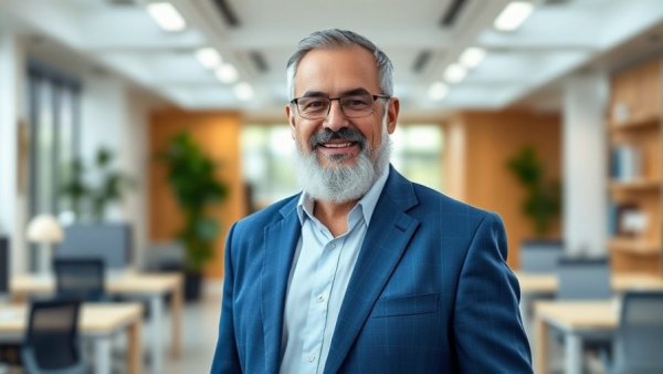 Confident man in blue blazer in modern office, Financial Planning