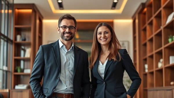 Two professionals in an upscale office, financial planning setting.