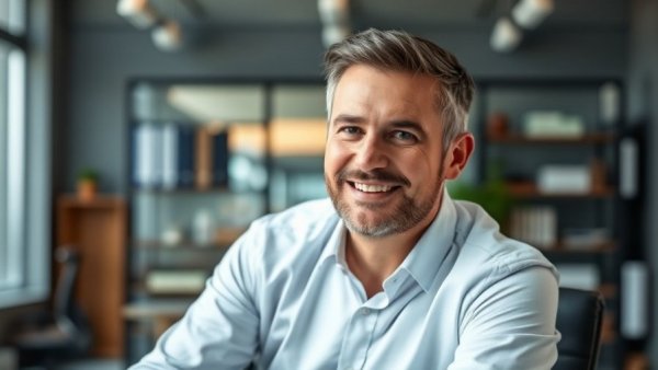 Smiling professional man in office, Financial Planning theme.