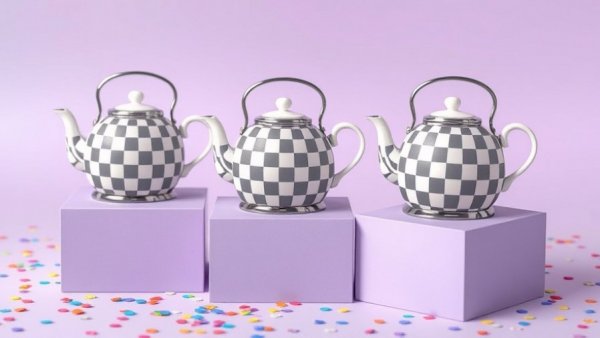 Colorful checkered kettles on pastel blocks, Dopamine Decor style