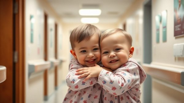 Toddler twins' cancer treatment reunion, hugging in hospital.