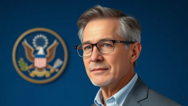 Mature man standing against official blue backdrop