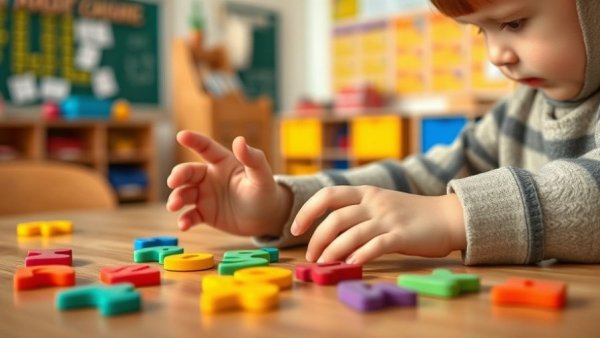 Child's hands playing with colorful letters in a classroom.