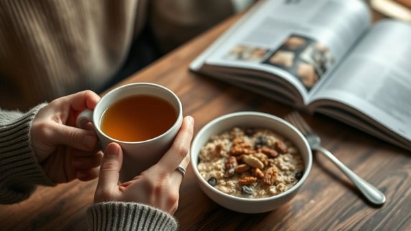 Relaxing morning digestion routine with tea and oatmeal on a table.