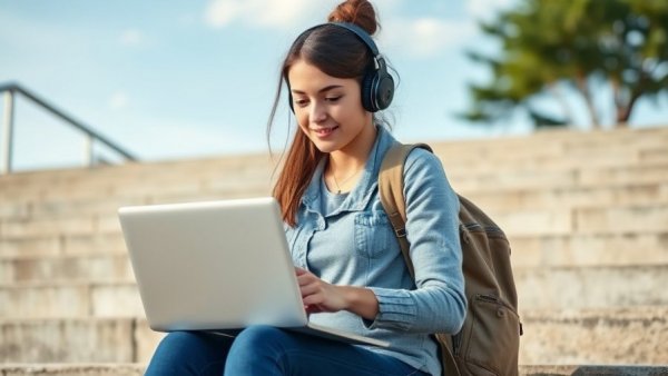 Focused young woman on steps using laptop, tied to social work career paths