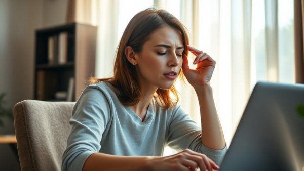 Young woman managing jaw tension and stress at a desk with laptop.