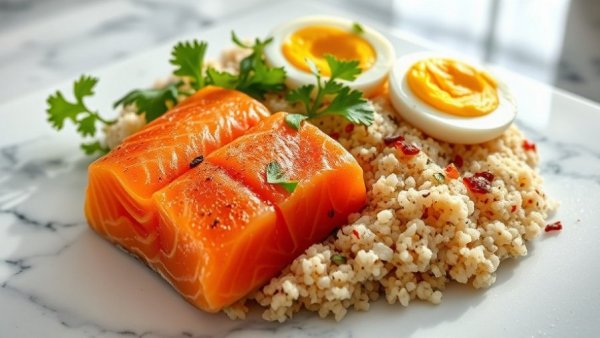High protein smoked salmon quinoa bowl with eggs and greens.