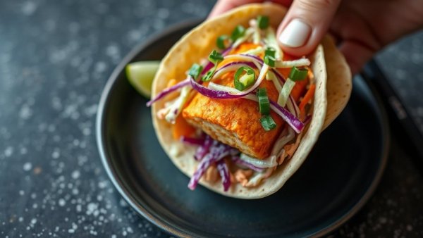 Buffalo salmon taco with slaw on a dark plate.