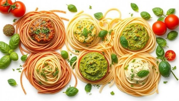 Collage of colorful dairy-free pesto recipes with pasta dishes.