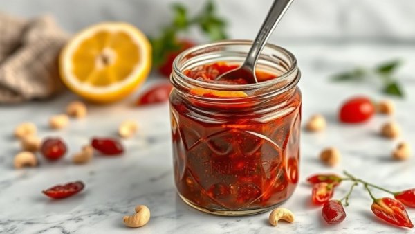 Sundried tomato pesto in a jar with spoon on marble surface.