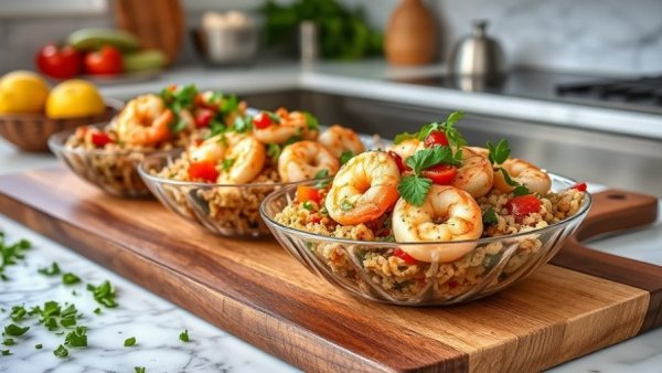 Delicious Greek shrimp quinoa bowl with fresh herbs and vegetables.