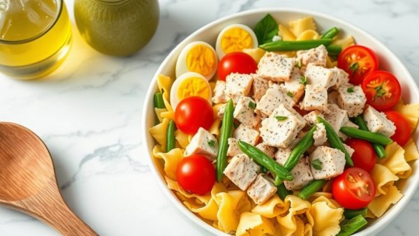 Vibrant Niçoise tuna pasta salad with eggs and avocado oil