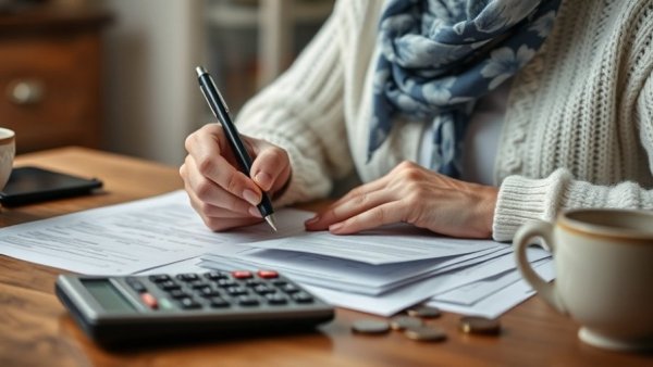 Elderly woman calculating healthcare expenses after retirement.