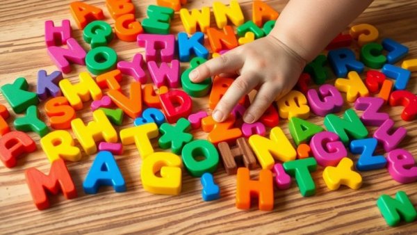 Child engaging with colorful letters at Head Start program.