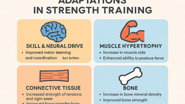 Chart on strength training adaptations: neural drive, hypertrophy, tissue, bone.