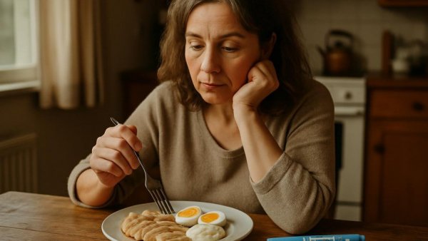Woman with Ozempic pen considering protein intake at table