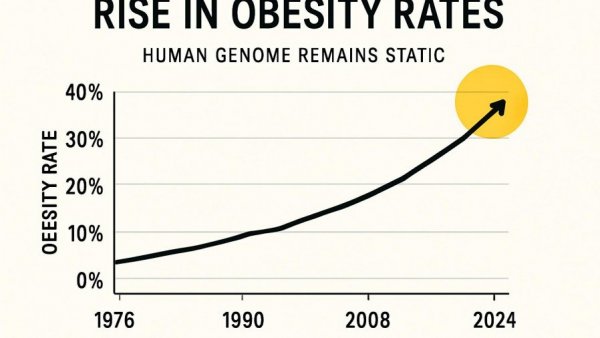 Graph showing obesity rise vs genome stability from 1976-2024.