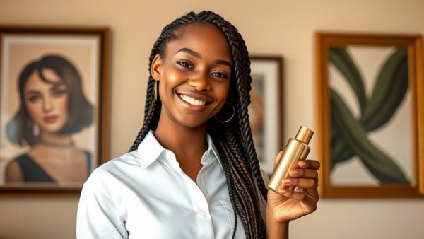 Cruelty-Free Beauty product held by smiling woman in artistic setting.