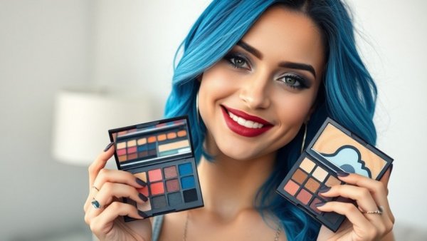 Vibrant blue-haired woman shows cool toned eyeshadow palettes