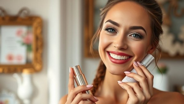 Vibrant woman showcasing cruelty-free beauty product indoors