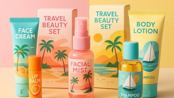 Colorful travel beauty sets displayed against pink and yellow backgrounds.
