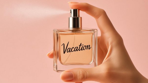 Elegant summer fragrances with sleek designs on pink background.