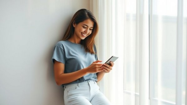 Smiling woman engaging with phone about non-surgical skin tightening treatments.