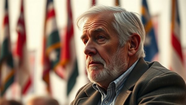 Thoughtful older man sitting with flags in background, related to Vaccines and Autism.