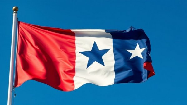 Texas state flag waving against clear blue sky.