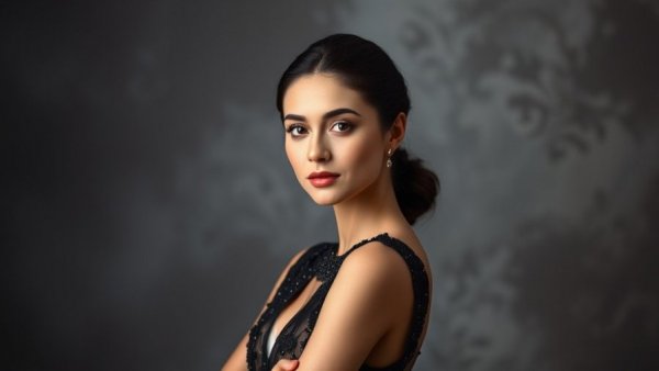 Elegant woman in black dress with sparkles, blurred background.