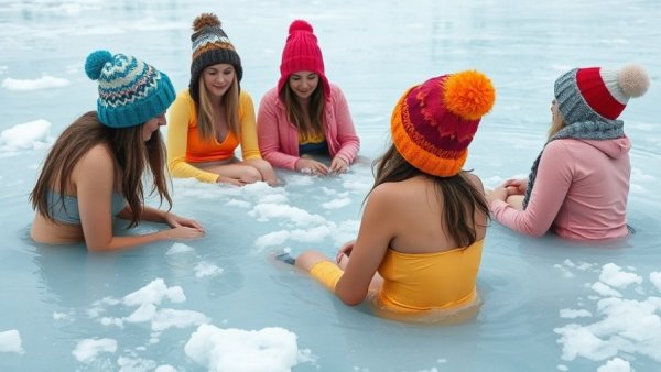Women enjoying cold plunge for health in icy lake.
