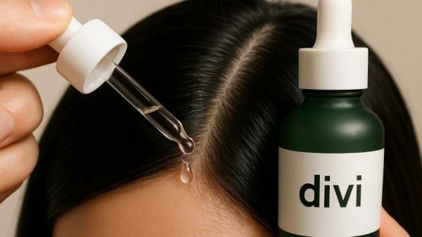 Applying scalp serum to dark hair with dropper for hair care.
