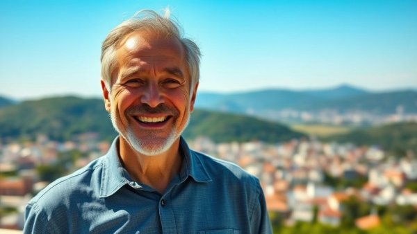 Confident man smiling against scenic cityscape, empowering vision