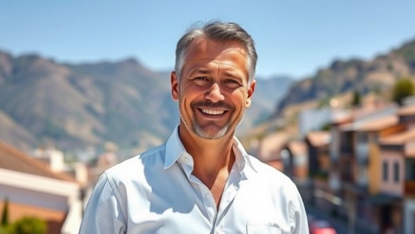 Middle-aged man smiling outdoors under clear blue sky
