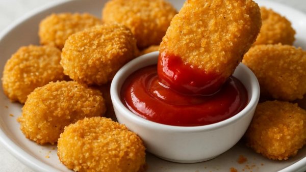 Crispy baked chicken nuggets ready to dip in ketchup