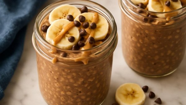 Healthy chocolate peanut butter overnight oats in mason jars with banana.
