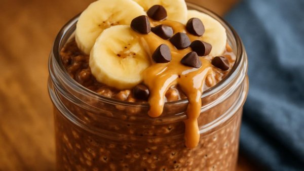 Jars of chocolate peanut butter overnight oats with banana toppings.