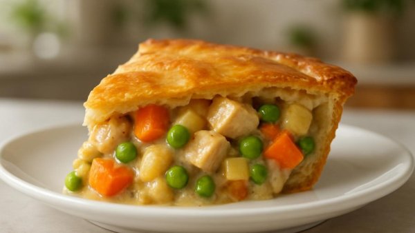 Appetizing slice of dairy-free chicken pot pie with flaky crust.