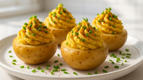 Close-up of vegan deviled potatoes with chives and paprika.