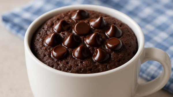 Delicious dairy-free chocolate mug cake with chocolate chips.