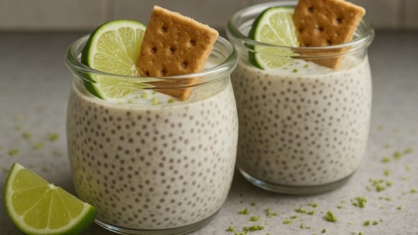 Key Lime Pie Chia Pudding in glass jars with lime slices and crumbs.