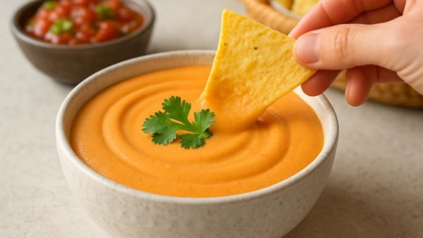 Creamy vegan white bean queso with a chip, vibrant kitchen display.