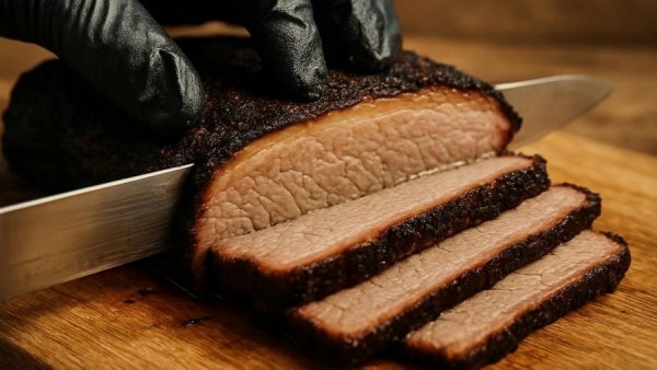 Sliced smoked brisket tips on wooden board.