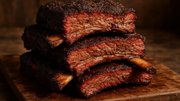 Smoked beef ribs with seasoned crust on a cutting board