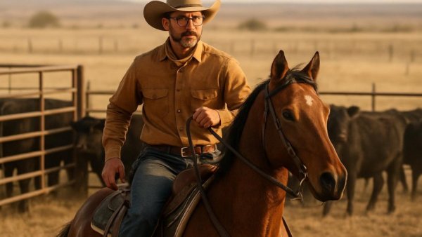 Cowboy on horseback near cattle, ranch setting - beef recipes context.